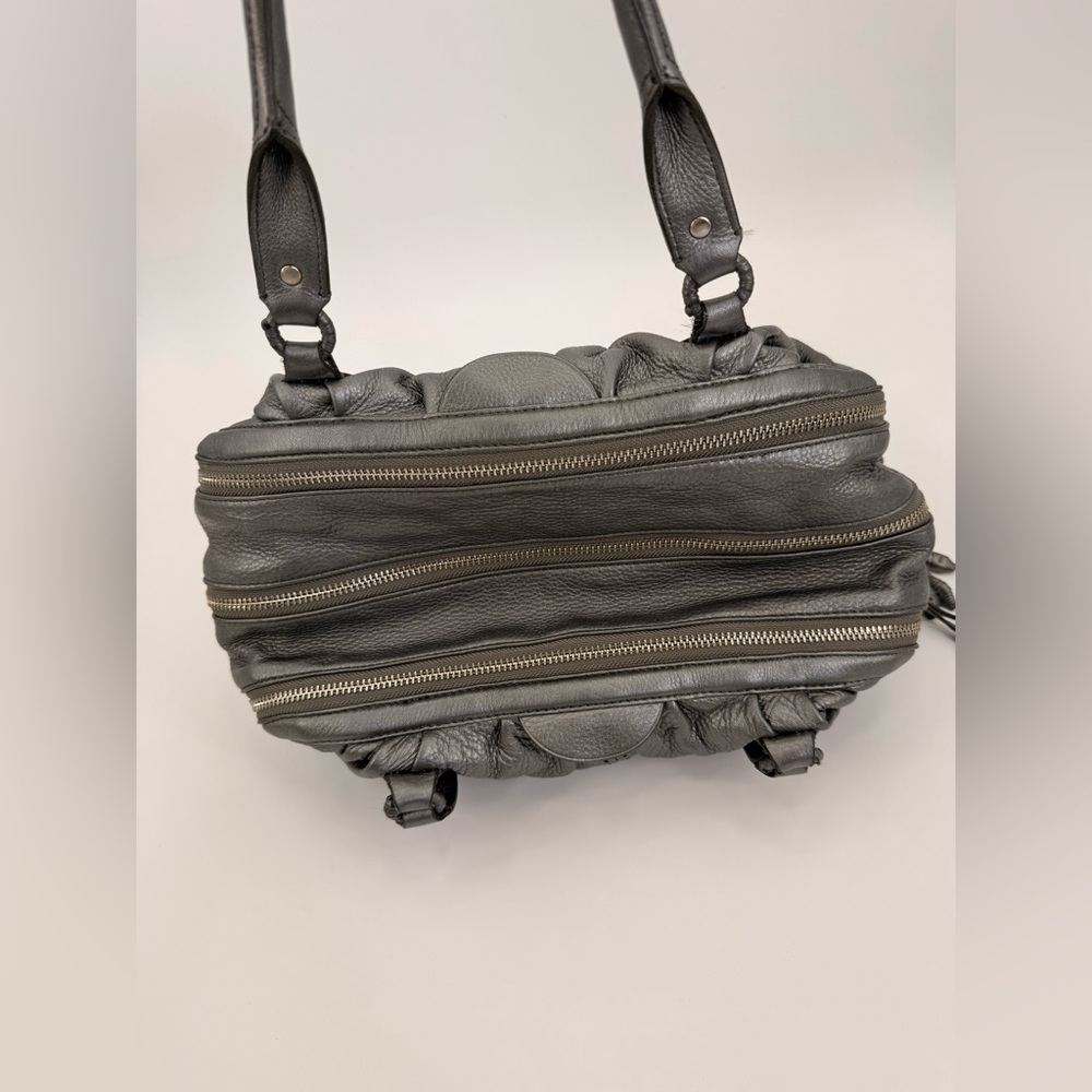 Cole Haan Silver Pebbled Leather Satchel Shoulder Bag Double Handle Zip Top - Picture 3 of 16